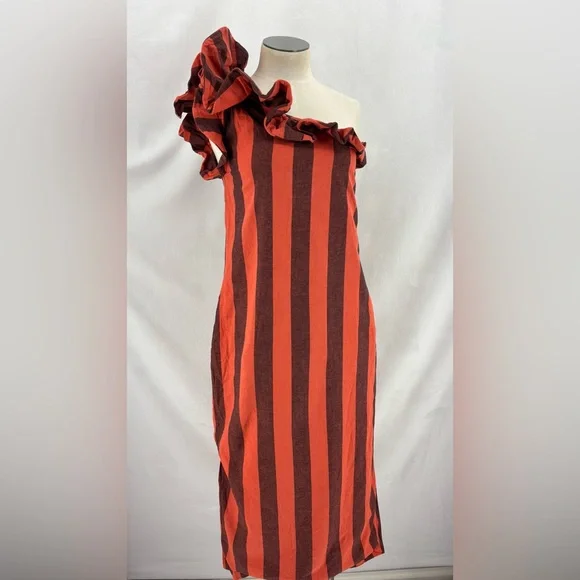One-Shoulder Ruffle Midi Skirt in Rust and Black Stripe - Picture 2 of 11